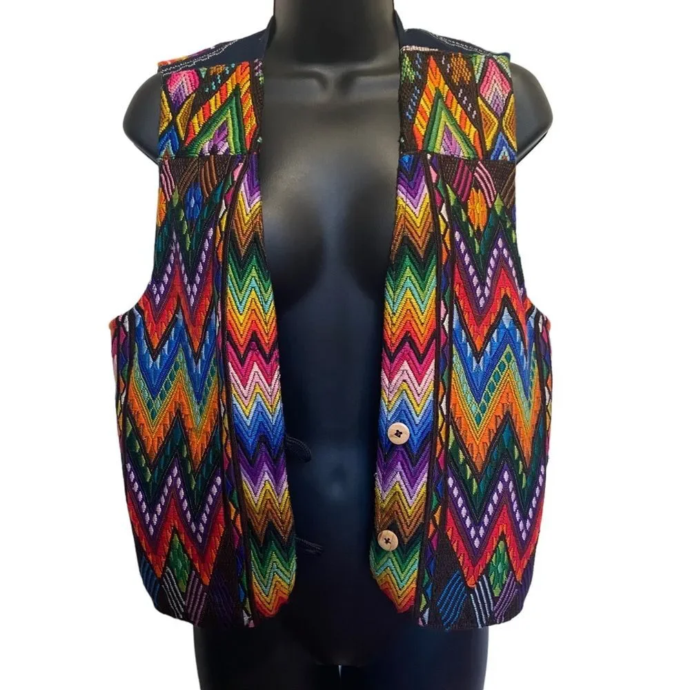 Vintage Colorful Woven Southwestern Two Button Vest Sz M - Picture 2 of 12